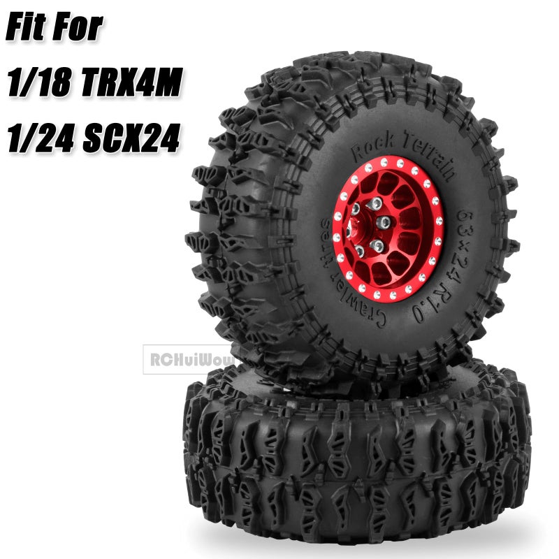 عجلات وإطارات RCHuiWow 1.0 بوصة Beadlock RC لـ 1/18 TRX4M، 1/24 Axai1 SCX24 RC Crawler، 1.0 إطارات Beadlock مع عجلات ألمنيوم 1.0 RC Beadlock Rims، 4 قطع، أحمر - Image 2